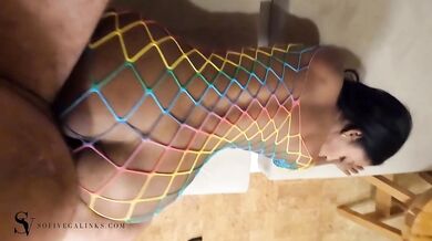 Latina beauty in a fishnet dress passionately fucking in doggy style until cumming on her face