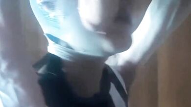 Second view of a milf Hooded in nylon, blindfolded with duct tape, facialized, and cummed in mouth