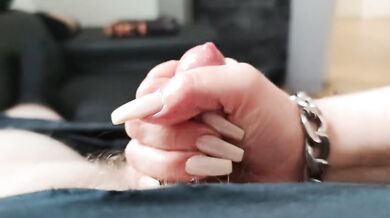 Handjob with hot long nails and oil *his cumshot was so intense that he sprayed himself in the face*