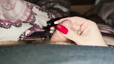 Long Red nails fetish Handjob *cockscratching/cumblast*