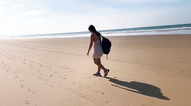 Masturbation on public nudist beach. Redhead with natural breasts naked near strangers. Full video