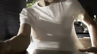 Hubby touches my pussy in a beach bar with me dressed in a tight shirt and short skirt, no panties.