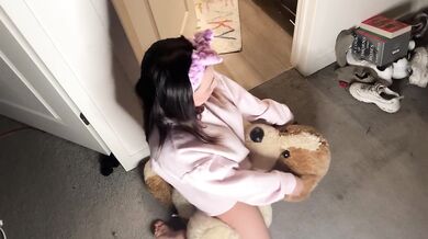 Chubby girl humps giant teddy bear