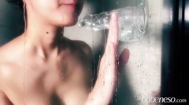 Sucking my dildo when taking a shower