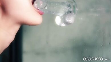 Sucking my dildo when taking a shower