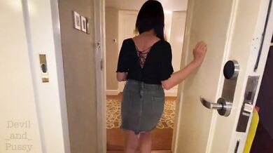 Anal training - butt plug with bell in public