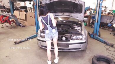 Hot German Girl Masturbating in Mechanic Garage using Ratchet - Mega Orgasm