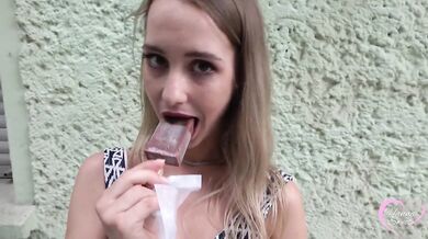 Watch me suck - 18 year old teen girl with small mouth provocatively sucks on the street