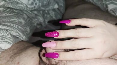 Handjob with sexy Long nails in purple/pink