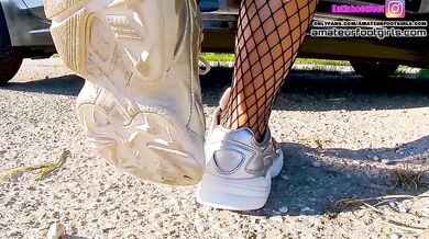 Kati shoeplay lick her shoes me sweaty fishnet tights, dipping sweaty insoles and stinky feet lick