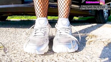 Kati shoeplay lick her shoes me sweaty fishnet tights, dipping sweaty insoles and stinky feet lick