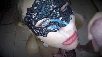 Dutch masked babe facial cum all over her face