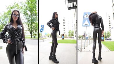 Brunette in leather leggings gets fucked hard in her husband's absence.