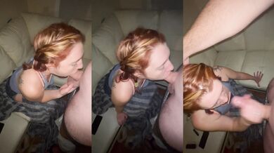 Slutty redhead stepsister gives me a sloppy deepthroat blowjob until I bust in her throat