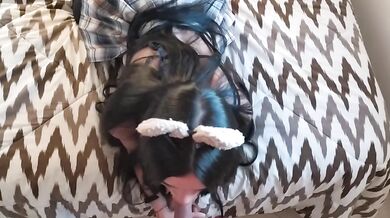 Cute slut with anal plug sucks my dick until cumming on her tits