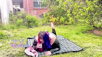 BBW in latex has a sweaty picnic outdoors and belches