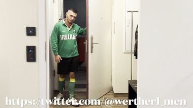 Soccer player in green football kit fucks his ass with a dildo till orgasm