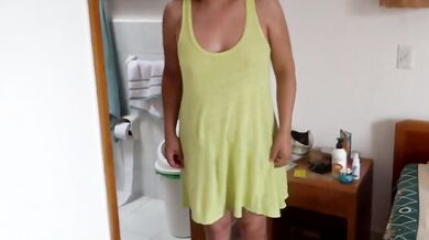 At the beach, my stepmother gets dressed and undressed while I jerk off.